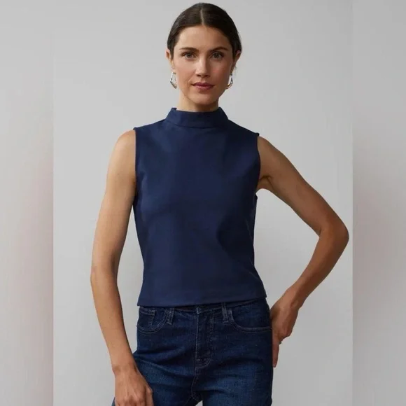 Ann Taylor Deep Blue Faux Leather Mock Neck Sleeveless Top - Picture 1 of 4